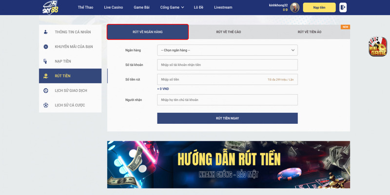 Hướng dẫn chi tiết các bước rút thưởng tại Sky88